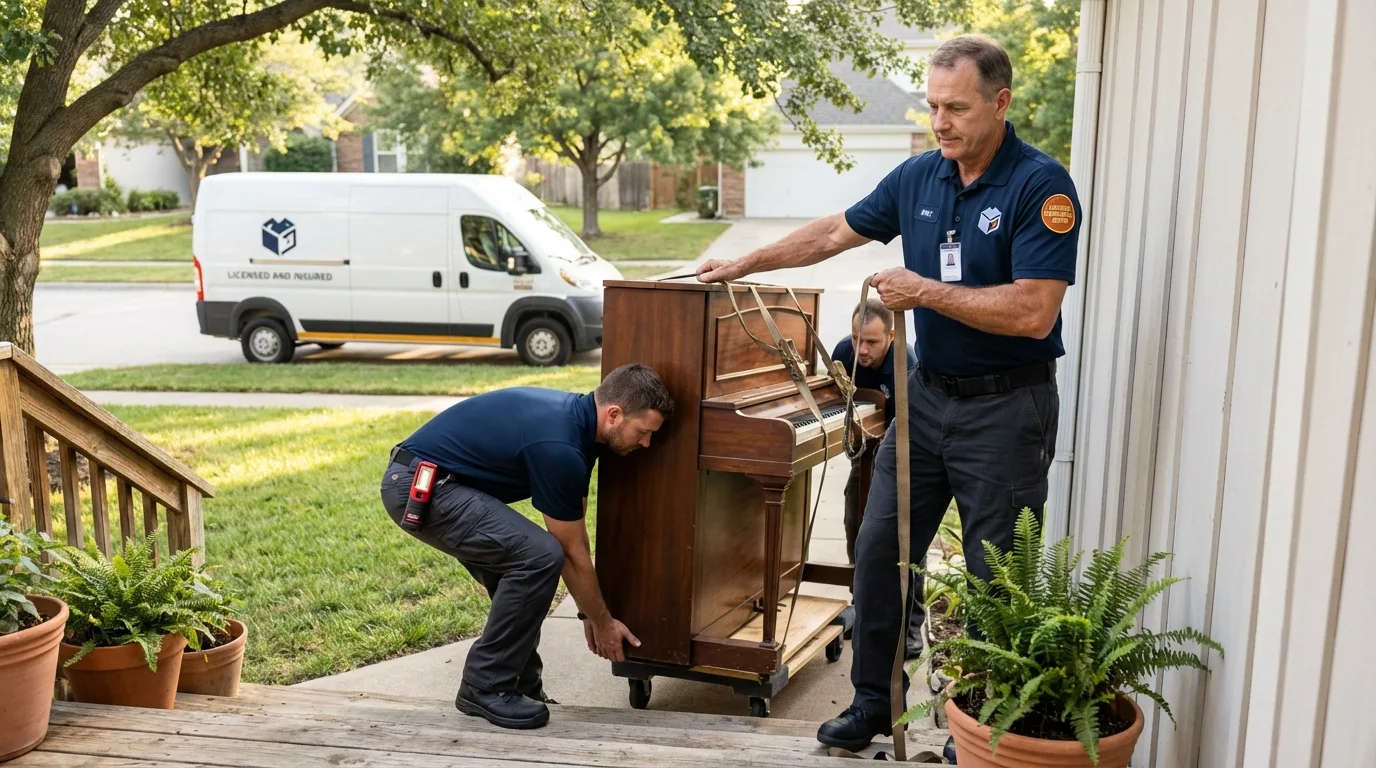 Licensed piano movers securing grand piano in Ringling, OK