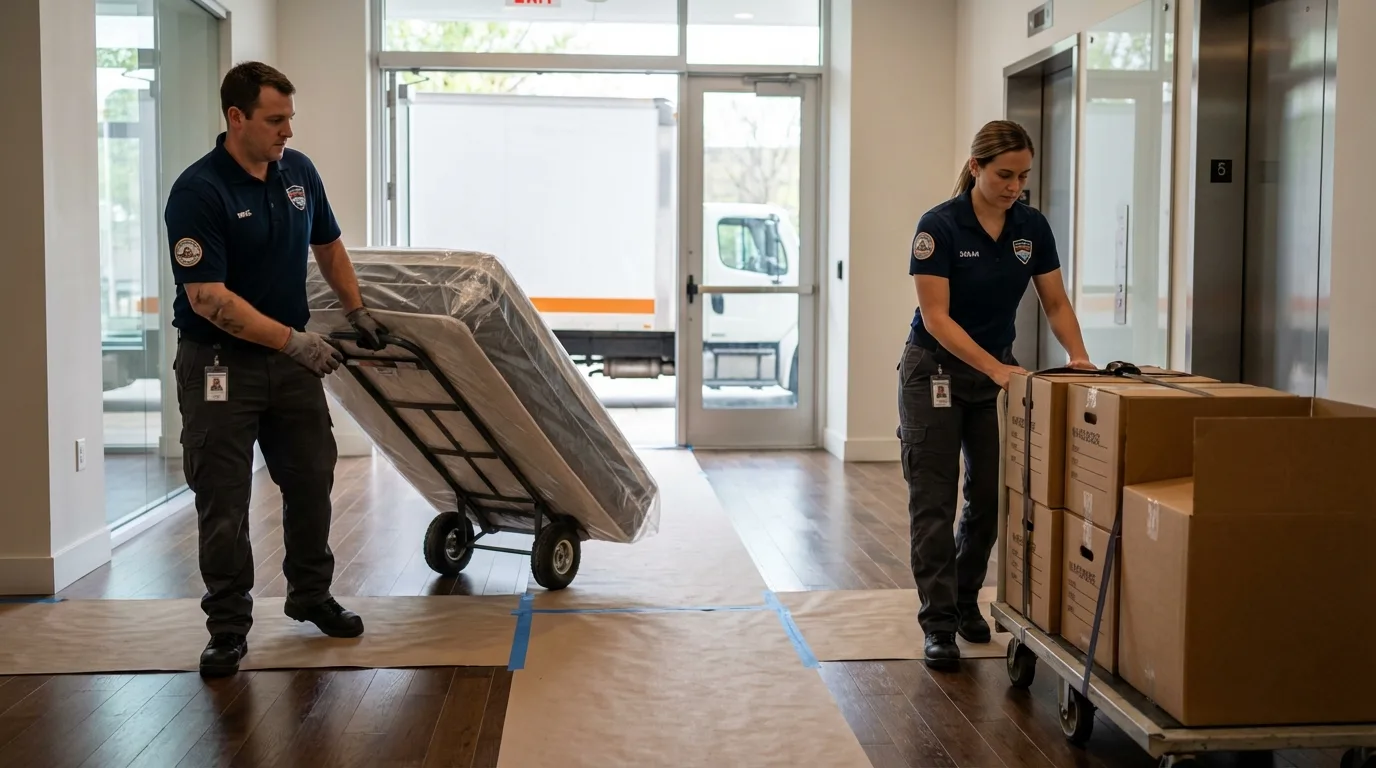 Professional apartment movers loading elevator in Ringling, OK